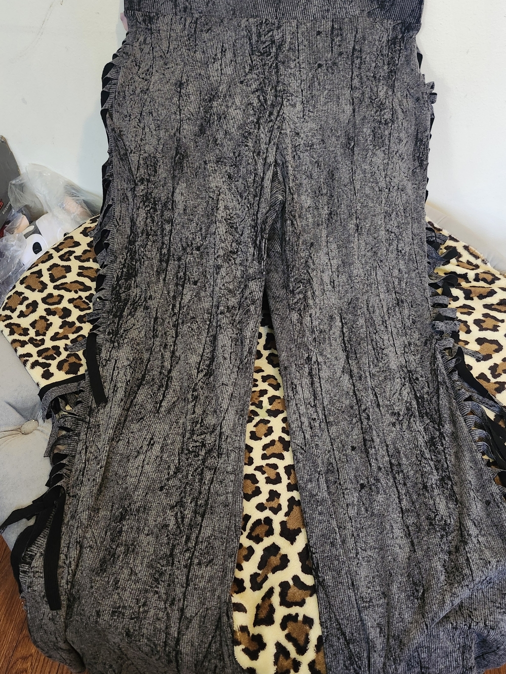 Gray Crushed Velvet Wide Leg Pants with Side Tassels